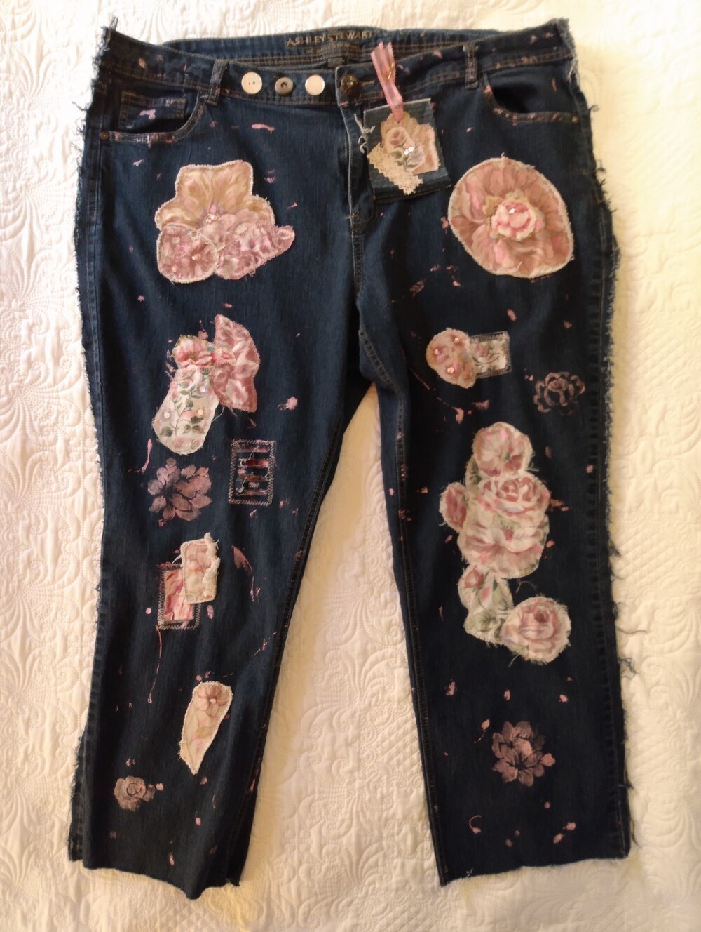 Upcycled Artsy Floral Cottage Boho Sequin Applique Stencil Splatter Jeans Sz W24